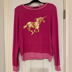 Wildfox Pink and Gold Unicorn Crew Neck Sweater